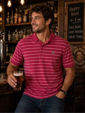 Vintage Izod Lacoste Men’s Burgundy Stripe Cotton Polo Shirt - L